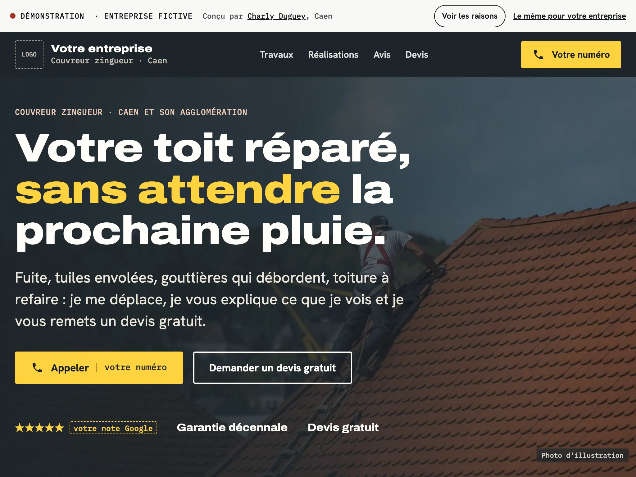 Démonstration d'un site de couvreur pour une entreprise fictive : le téléphone en haut, le titre « Votre toit réparé, sans attendre la prochaine pluie » et deux boutons, appeler ou demander un devis
