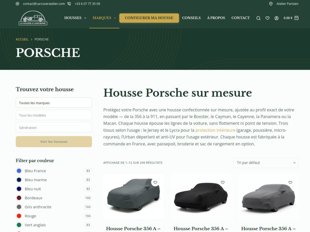 Page marque Porsche du site La Housse à l'Ancienne