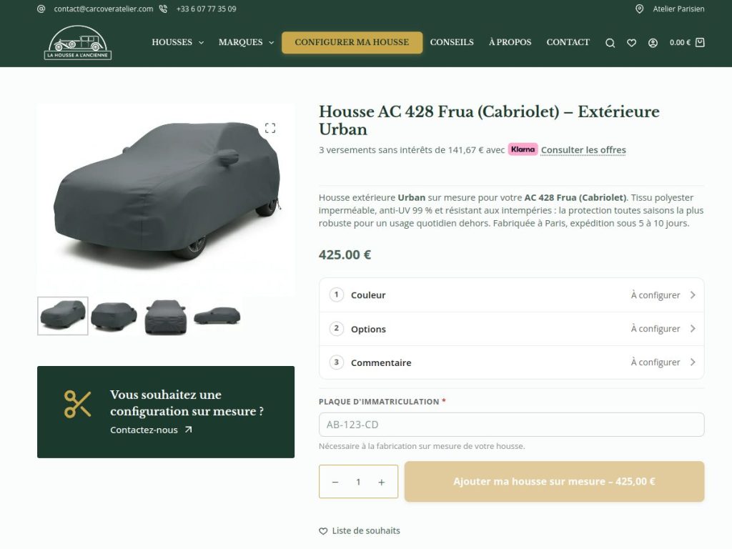 Fiche produit d'une housse sur mesure