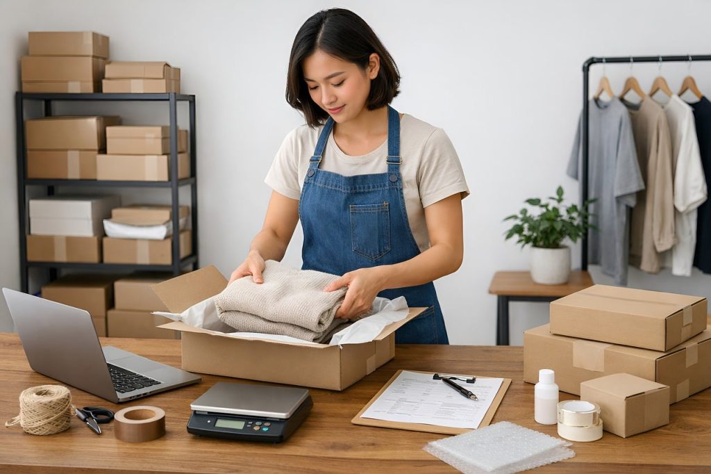 Commerçante qui prépare une commande de sa boutique en ligne : création de site e-commerce à Caen