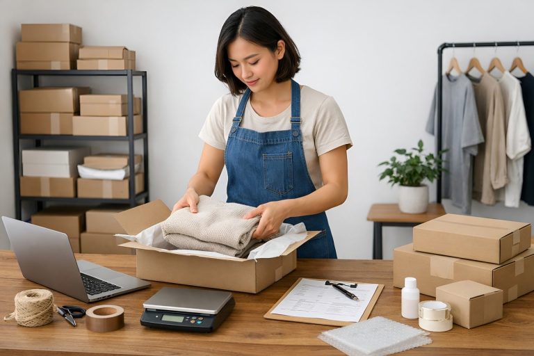 Commerçante préparant une commande de sa boutique en ligne