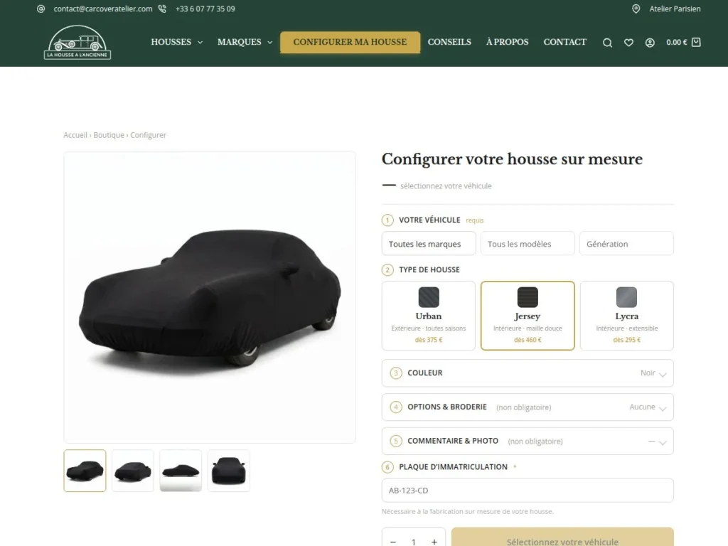 Configurateur de housse sur mesure en six étapes sur lahoussealancienne.com, développement e-commerce sur mesure