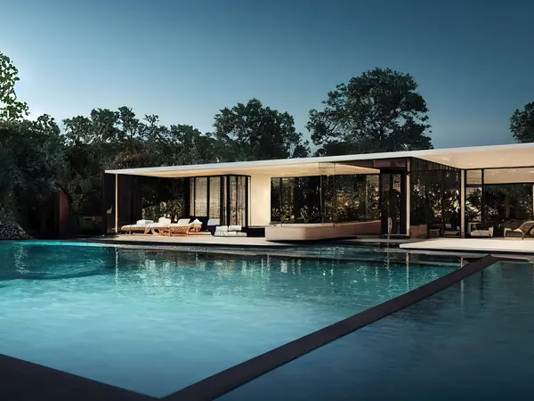 Une maison moderne et sa piscine, Construction de piscines.