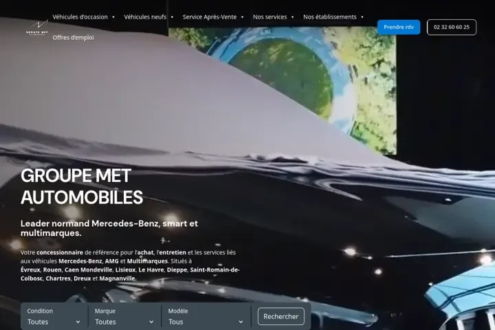 Page d'accueil de groupemet.fr, site internet d'un distributeur Mercedes-Benz en Normandie créé par Charly Duguey