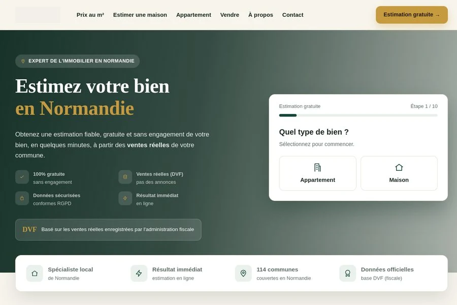 Accueil d'estimation-normandie.fr, site d'estimation immobilière en ligne créé par Charly Duguey
