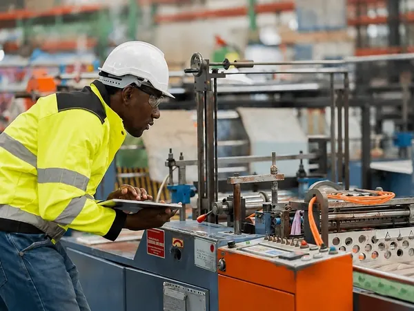 Un technicien en gilet jaune contrôle une machine dans un atelier industriel
