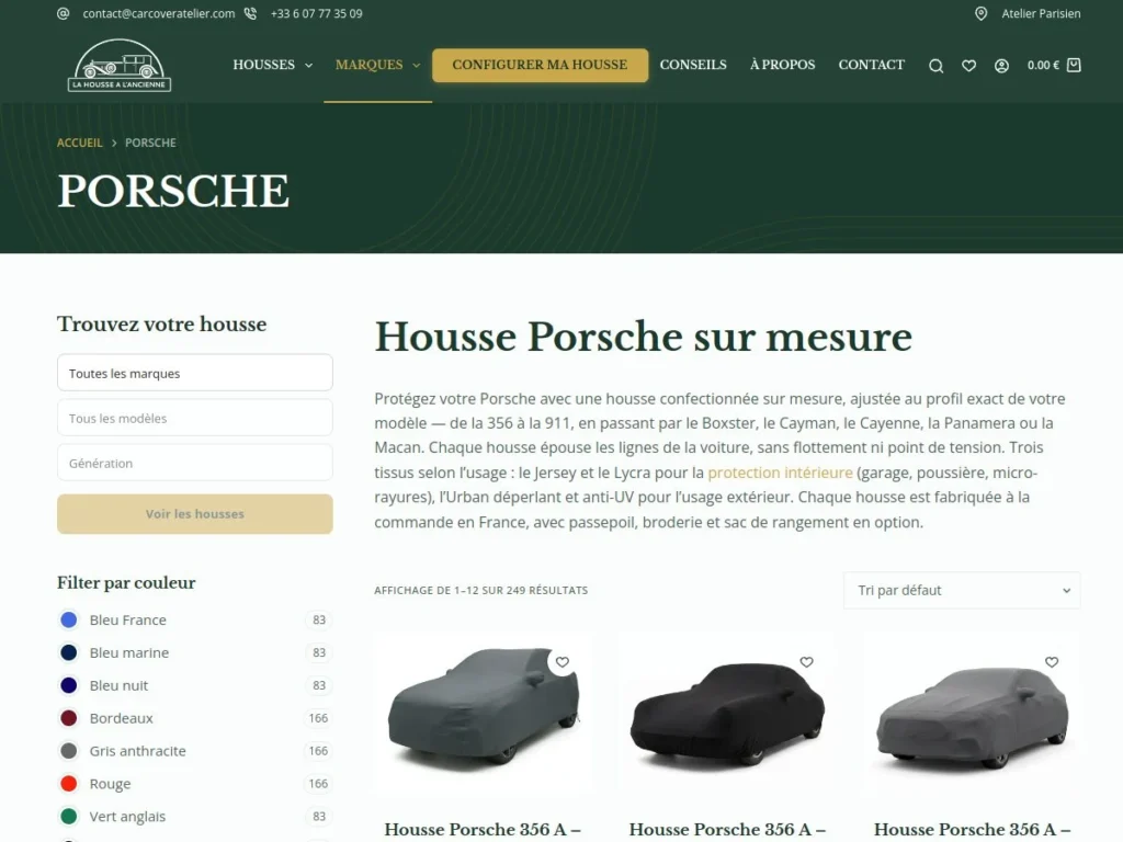 Page marque Porsche du site La Housse à l'Ancienne, boutique en ligne de housses sur mesure