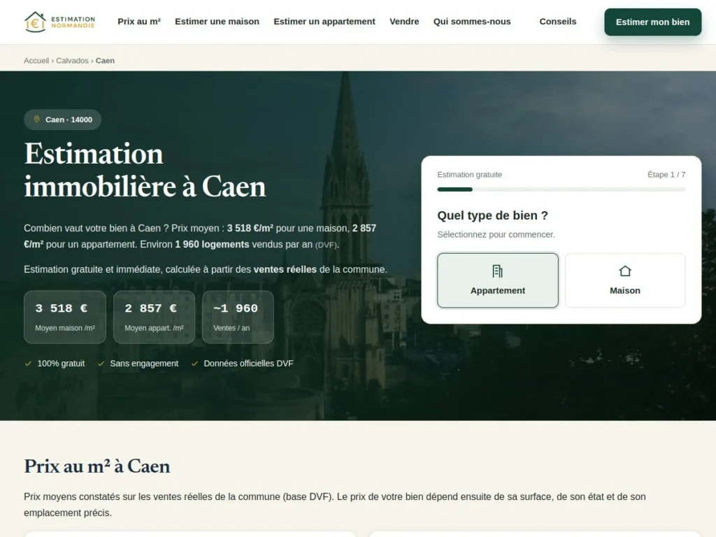 Page d'estimation immobilière de Caen sur estimation-normandie.fr