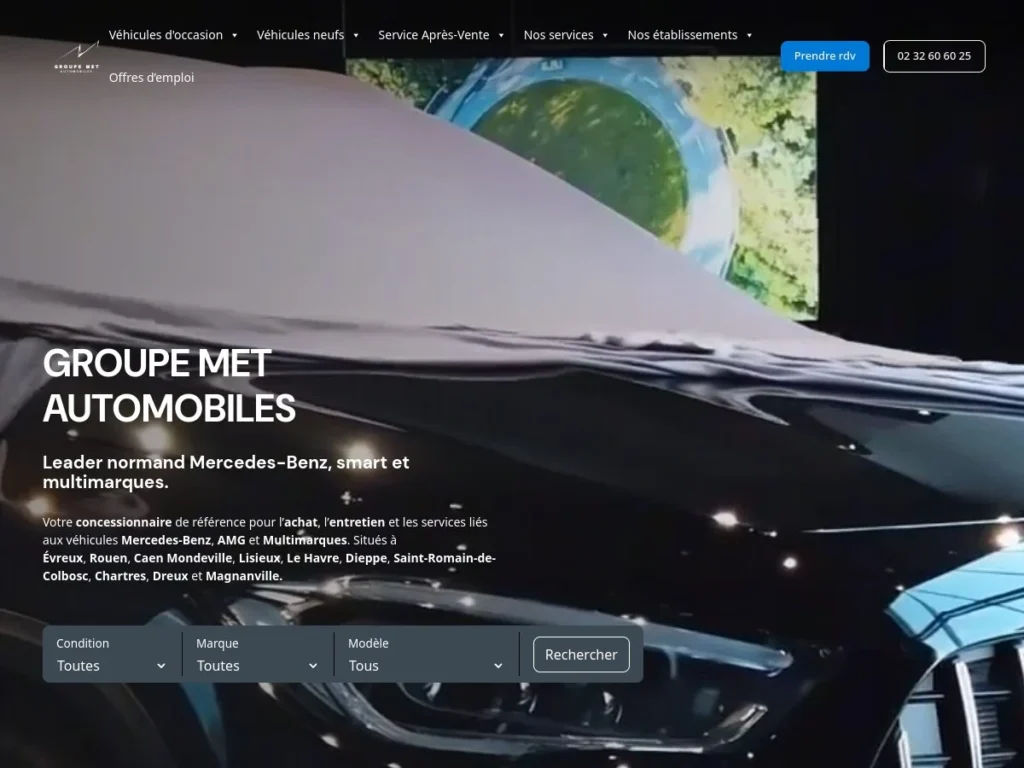 Accueil de groupemet.fr, concession Mercedes-Benz en Normandie : site vitrine et vente de véhicules d'occasion