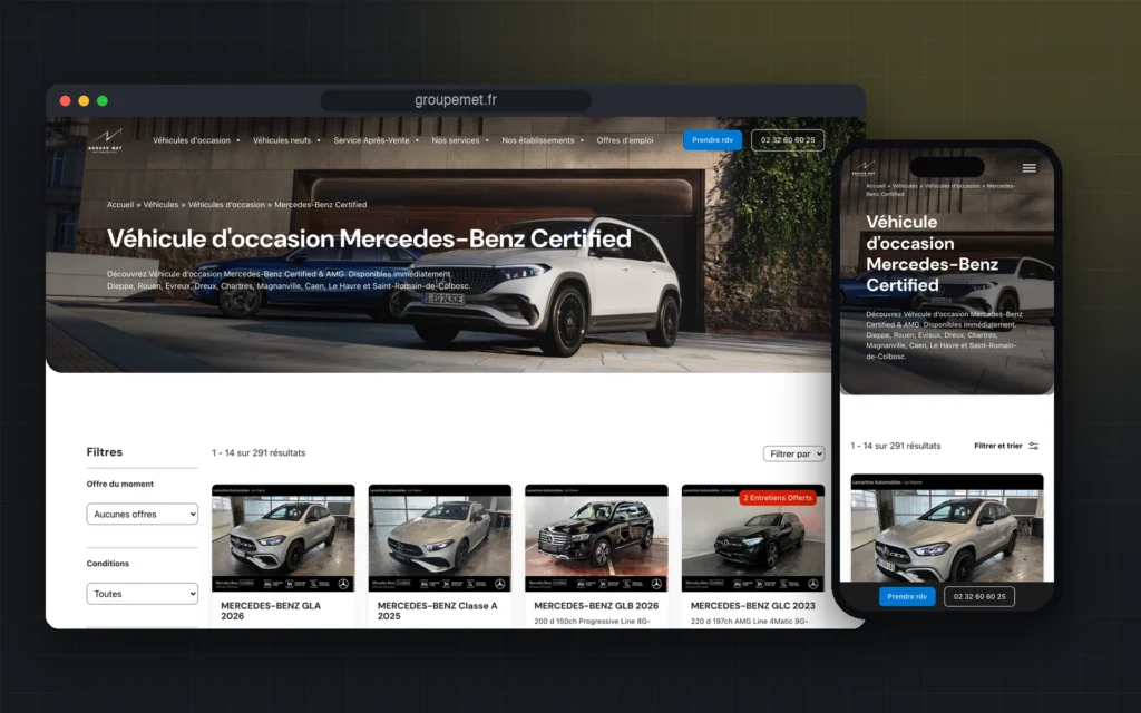 Liste des véhicules d'occasion Mercedes-Benz de groupemet.fr sur ordinateur et sur téléphone